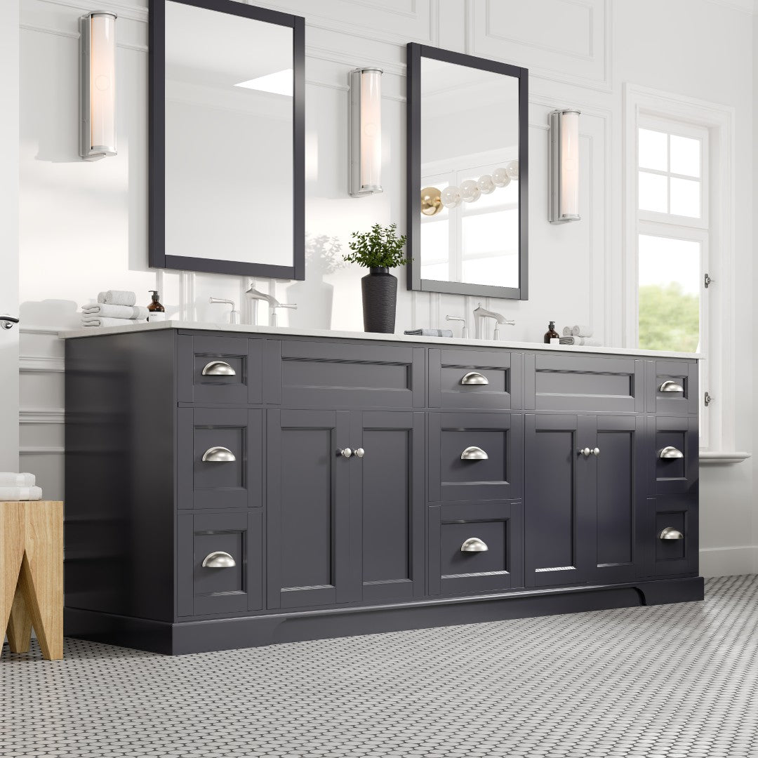 Epic 96 in. Charcoal Gray Double Sink  Bath Vanity with Carrara Quartz Top and Undermount Porcelain Sinks