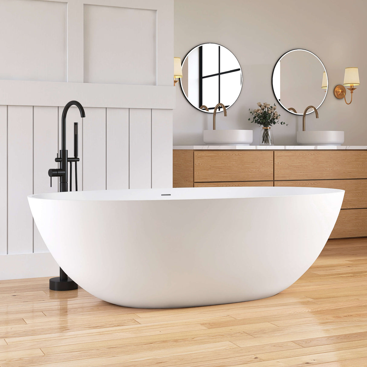 New England Home Goods Kuta 71" Freestanding Tub in White - Stone Resin Solid Surface
