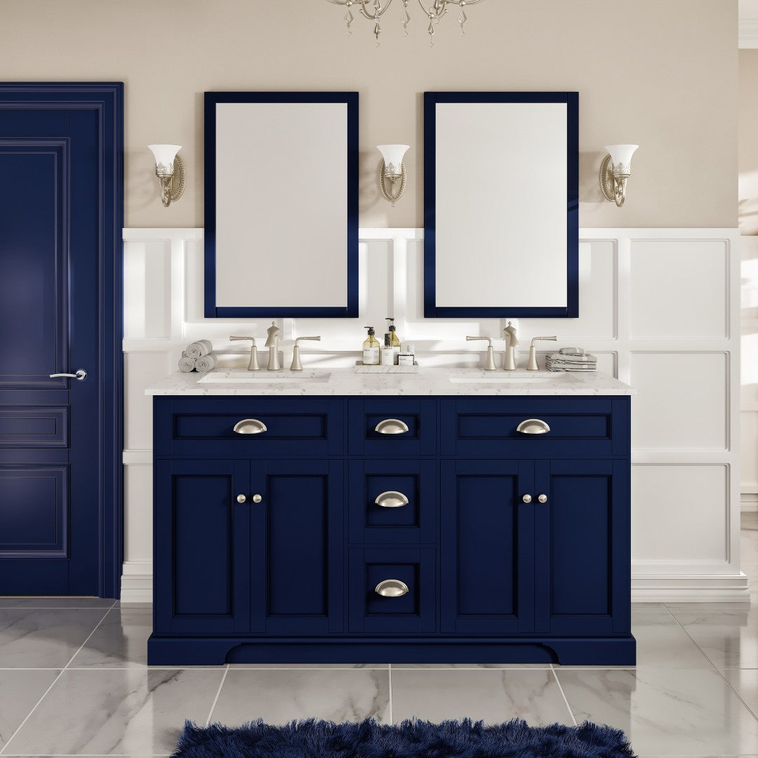 Epic 60 in. Blue Double Sink  Bath Vanity with Carrara Quartz Top and Undermount Porcelain Sinks