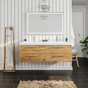 Surf 57 in. Natural Oak Wall Mount Double Sink  Bath Vanity with Acrylic Top and Integrated Sinks