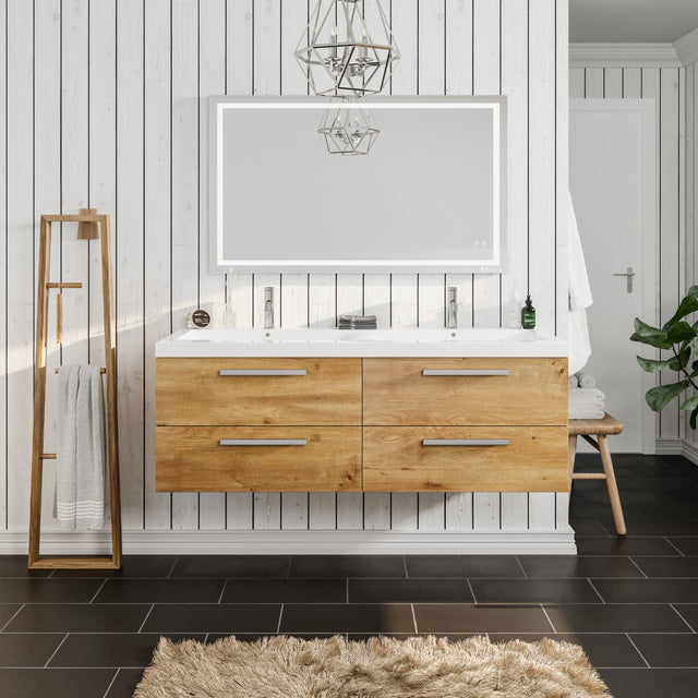 Surf 57 in. Natural Oak Wall Mount Double Sink  Bath Vanity with Acrylic Top and Integrated Sinks