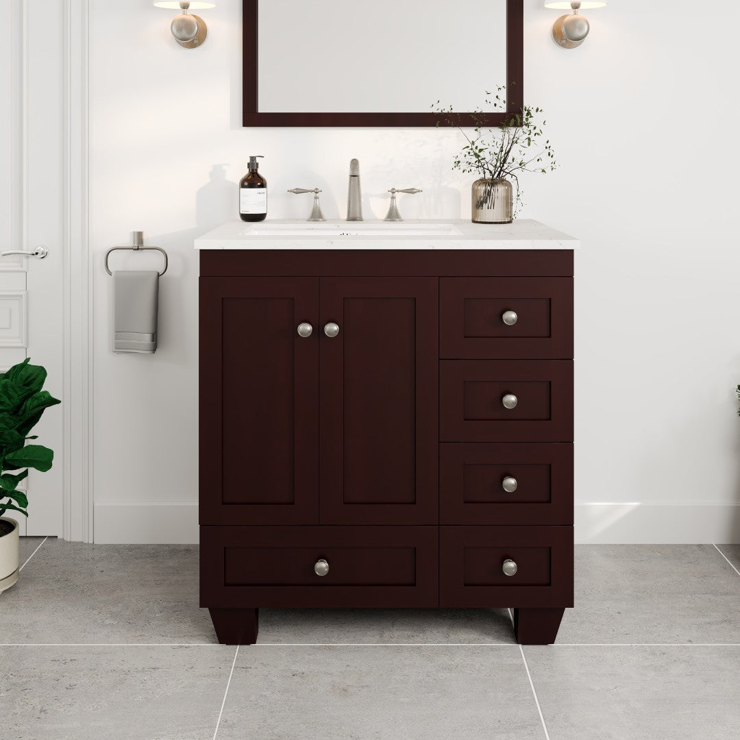 Acclaim 30 in. Teak Single Sink Bath Vanity with Carrara Quartz Top and Undermount Porcelain Sink