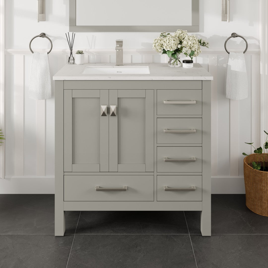 London 36 in. Gray Single Sink Bath Vanity with Carrara Quartz Top and Undermount Porcelain Sink