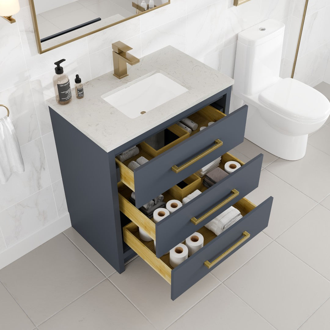 Curio 30 in. Dark Blue Single Sink Bath Vanity with Carrara Quartz Top and Undermount Porcelain Sink