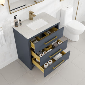 Curio 30 in. Dark Blue Single Sink Bath Vanity with Carrara Quartz Top and Undermount Porcelain Sink