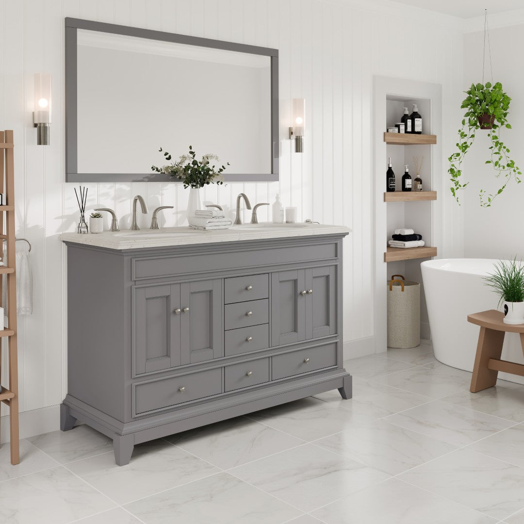 Elite Stamford 48 in. Gray Double Sink  Bath Vanity with Carrara Quartz Top and Undermount Porcelain Sinks