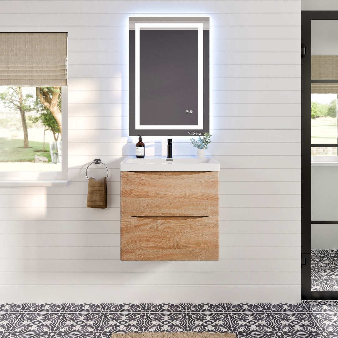 Smile 24 in. White Oak Wall Mount Single Sink Bath Vanity with Acrylic Top and Integrated Sink