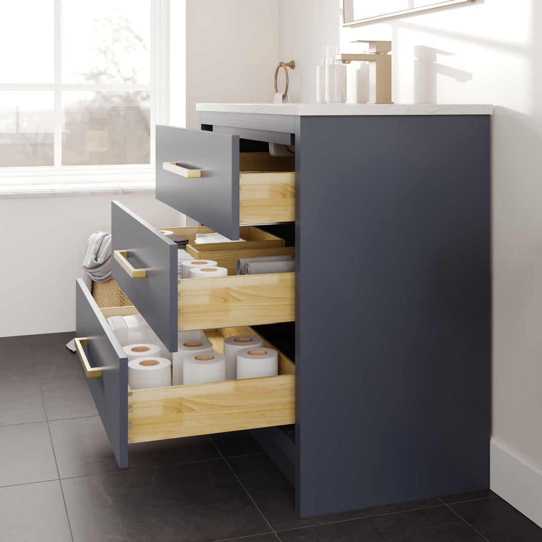 Curio 36 in. Dark Blue Single Sink Bath Vanity with Carrara Quartz Top and Undermount Porcelain Sink