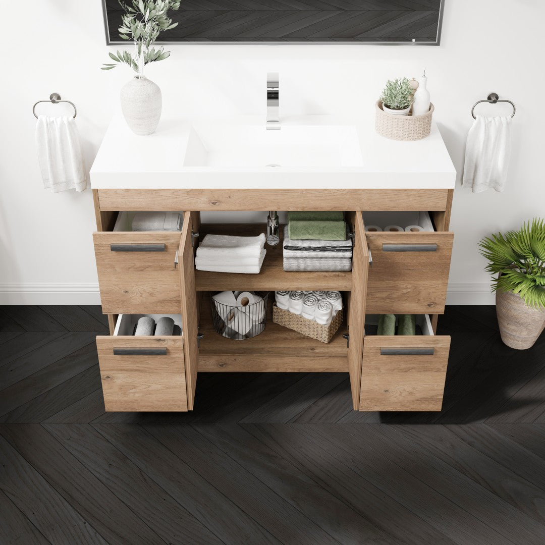 Lugano 48 in. Natural Oak Single Sink Bath Vanity with Acrylic Top and Integrated Sink