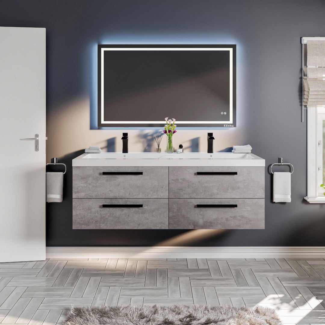 Surf 57 in. Concrete Gray Wall Mount Double Sink  Bath Vanity with Acrylic Top and Integrated Sinks