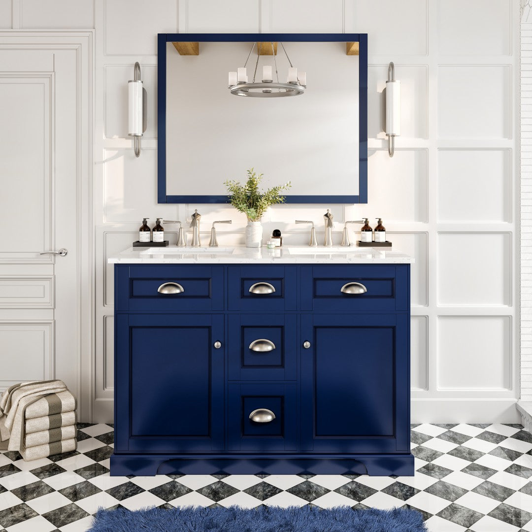 Epic 48 in. Blue Double Sink  Bath Vanity with Carrara Quartz Top and Undermount Porcelain Sinks