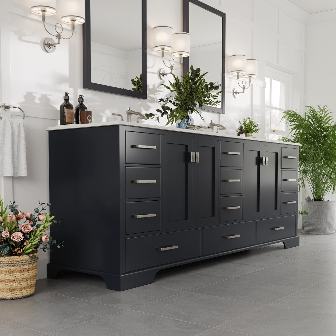 Storehouse 84 in. Dark Gray Double Sink  Bath Vanity with Carrara Quartz Top and Undermount Porcelain Sinks