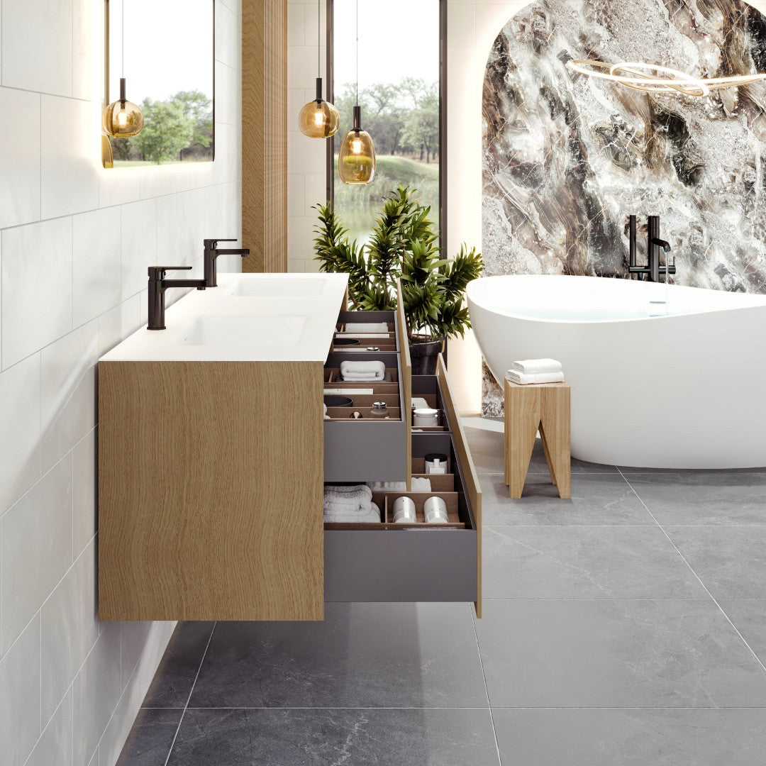 Lotus 59 in. Natural Oak Wall Mount Double Sink  Bath Vanity with Solid Surface Top and Integrated Sinks
