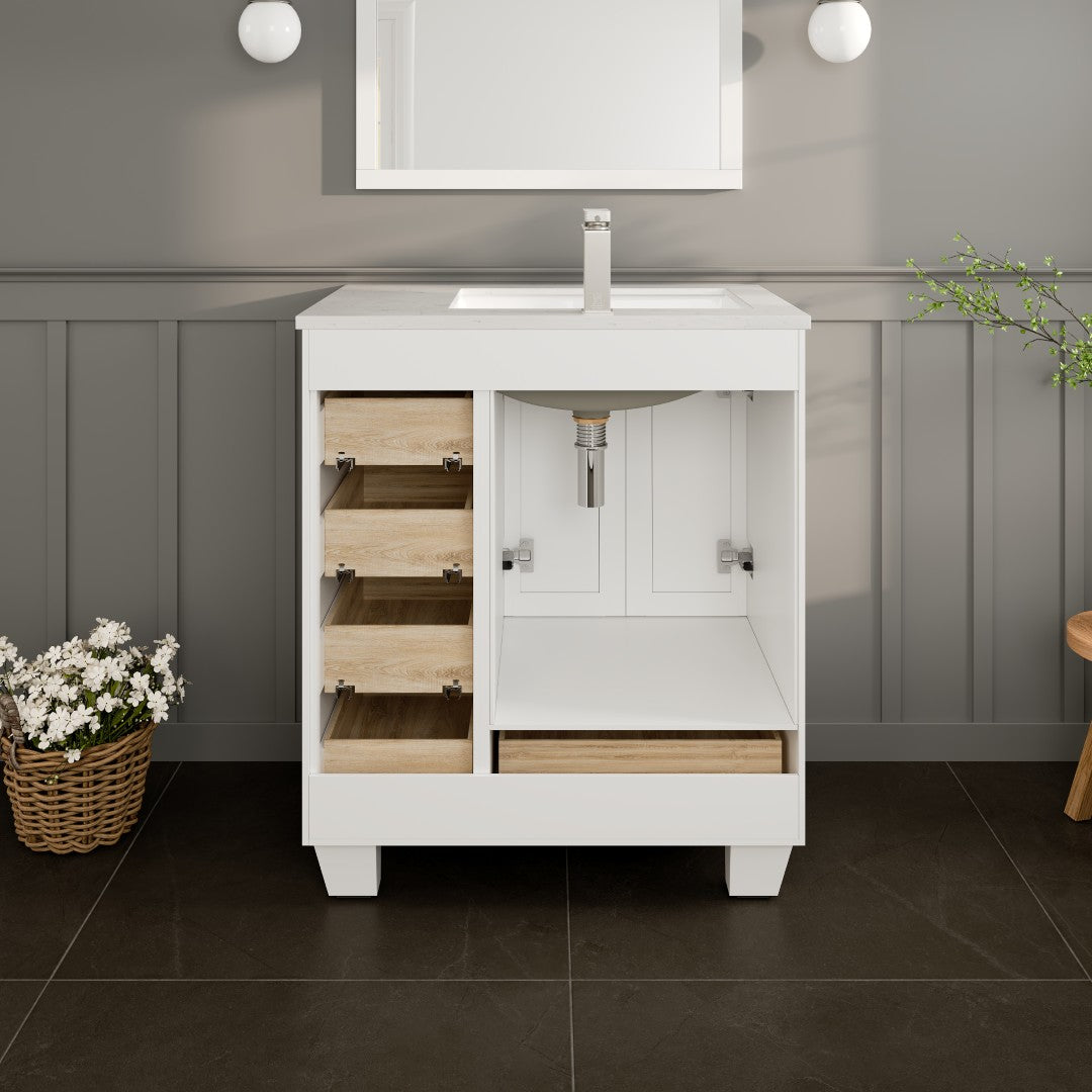 Happy 30 in. White Single Sink Bath Vanity with Carrara Quartz Top and Undermount Porcelain Sink
