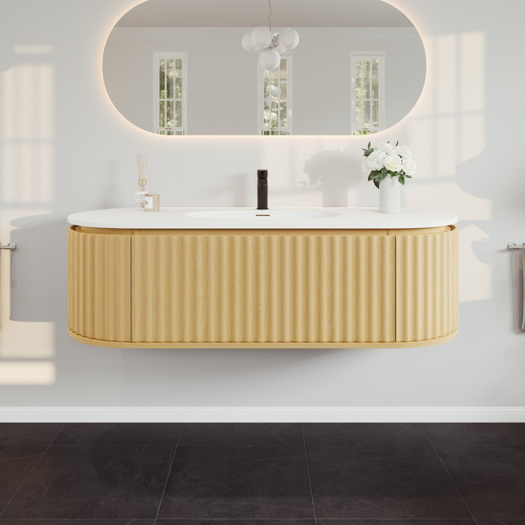 Haven 55 in. Natural Oak Wall Mount Single Sink Bath Vanity with Solid Surface Top and Integrated Sink