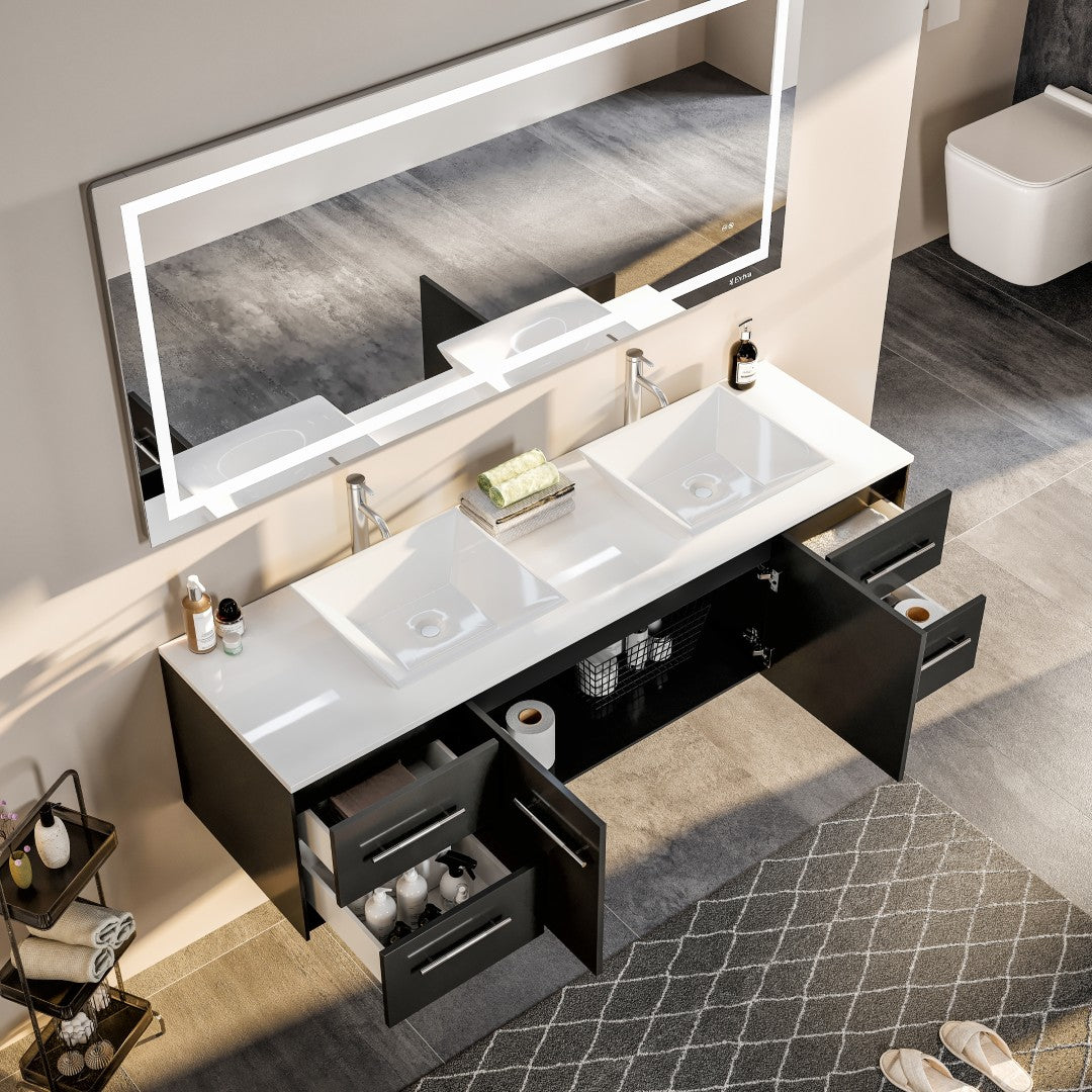 Wave 60 in. Espresso Wall Mount Double Sink  Bath Vanity with White Quartz Top and Vessel Porcelain Sinks