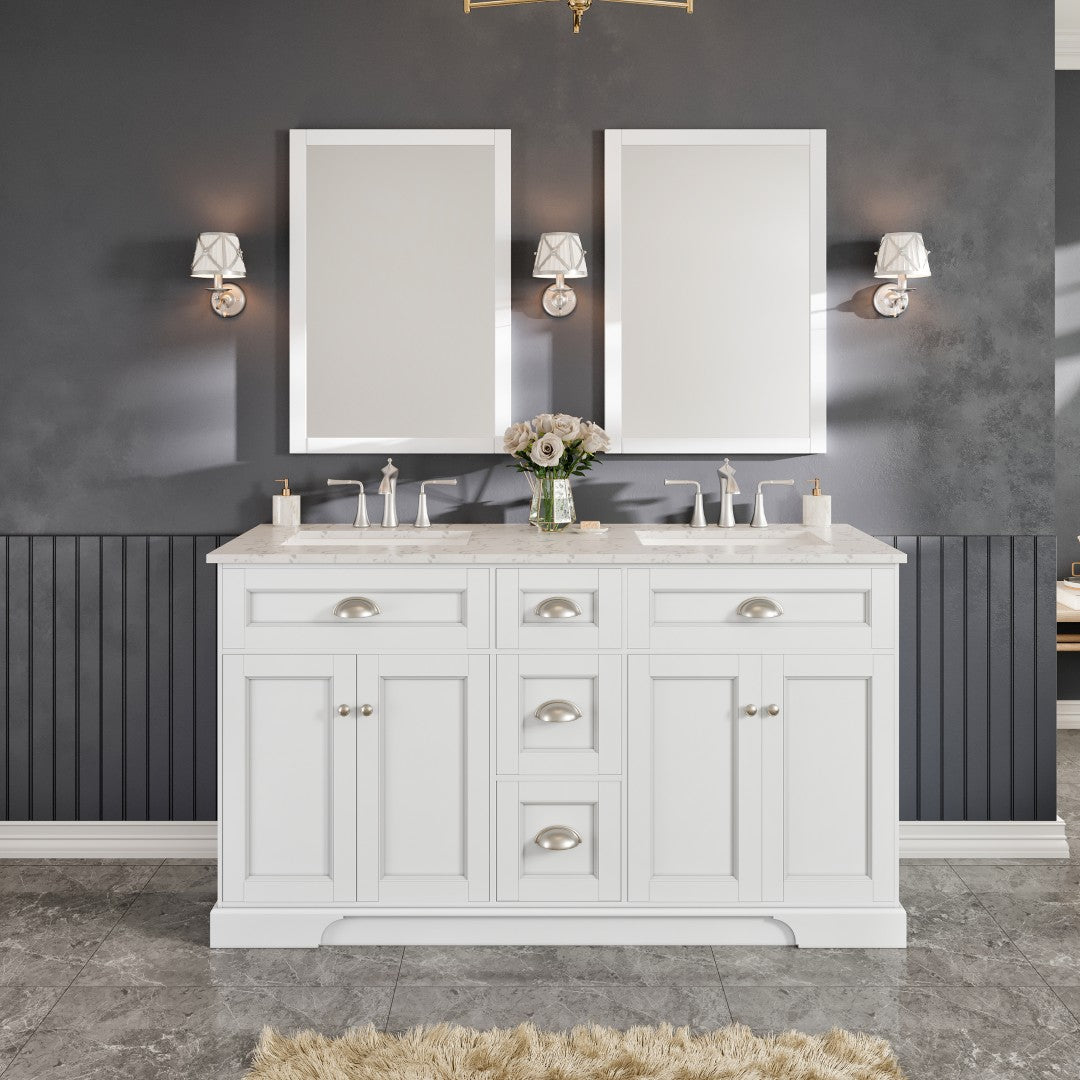 Epic 60 in. White Double Sink  Bath Vanity with Carrara Quartz Top and Undermount Porcelain Sinks