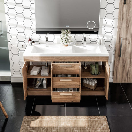 Lugano 60 in. Natural Oak Double Sink  Bath Vanity with Acrylic Top and Integrated Sinks