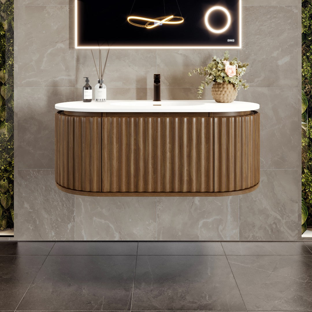 Haven 39 in. Medium Oak Wall Mount Single Sink Bath Vanity with Solid Surface Top and Integrated Sink