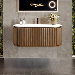 Haven 39 in. Medium Oak Wall Mount Single Sink Bath Vanity with Solid Surface Top and Integrated Sink