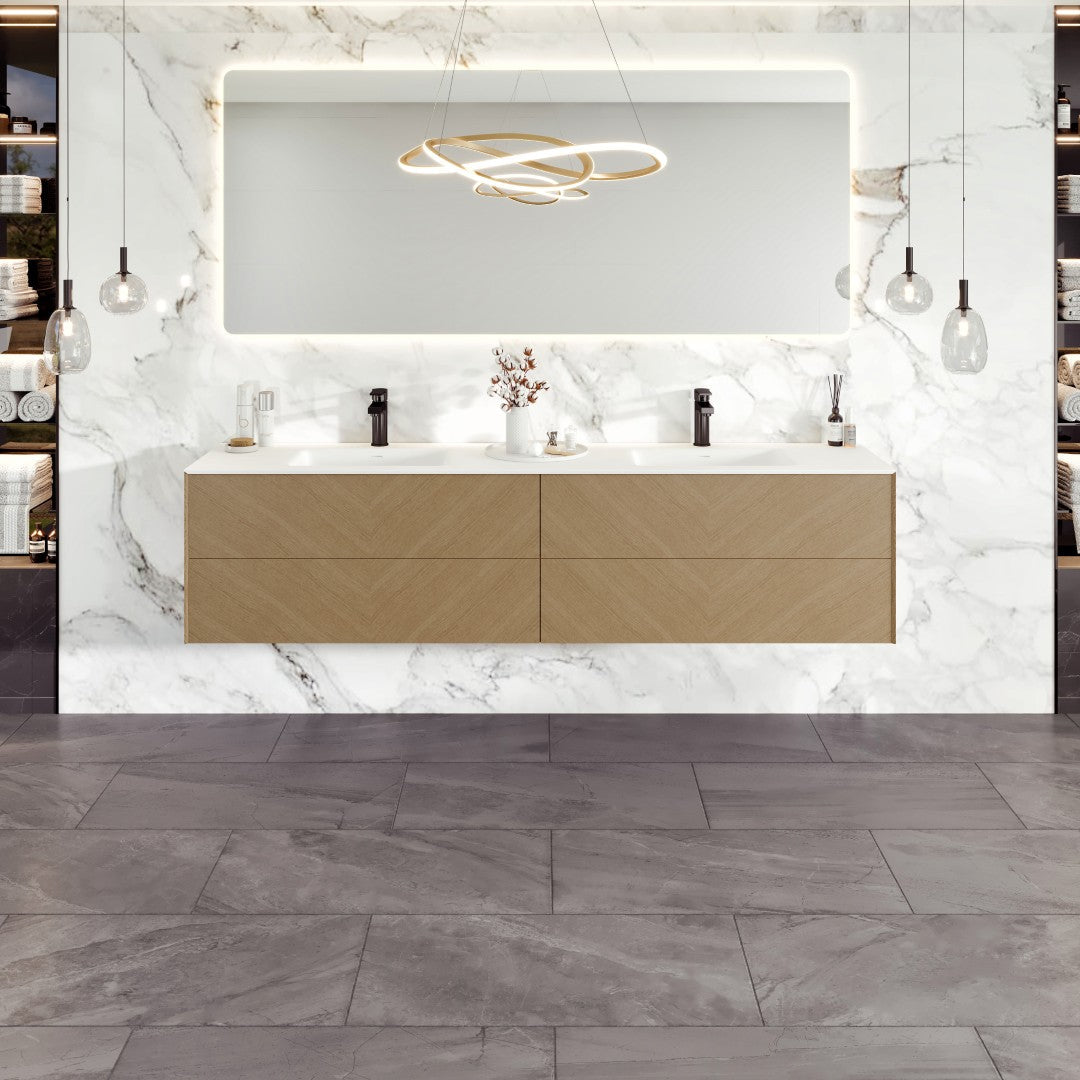 Lotus 71 in. Natural Oak Wall Mount Double Sink  Bath Vanity with Solid Surface Top and Integrated Sinks