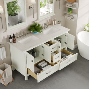 Britney 60 in. White Double Sink  Bath Vanity with Carrara Quartz Top and Undermount Porcelain Sinks
