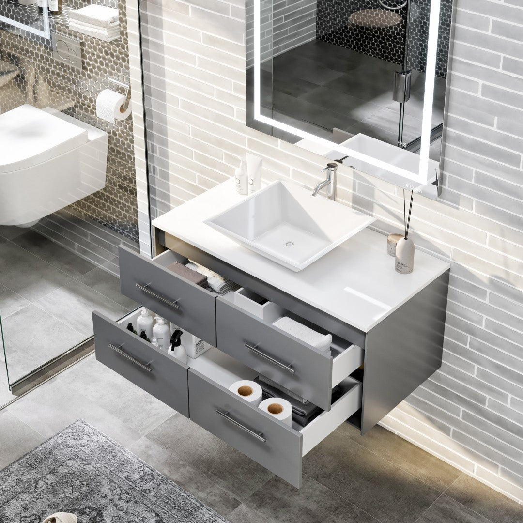 Wave 36 in. Gray Wall Mount Single Sink Bath Vanity with White Quartz Top and Vessel Porcelain Sink