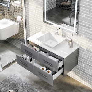 Wave 36 in. Gray Wall Mount Single Sink Bath Vanity with White Quartz Top and Vessel Porcelain Sink