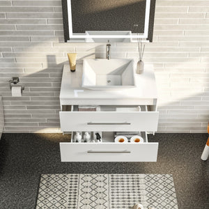 Wave 30 in. White Wall Mount Single Sink Bath Vanity with White Quartz Top and Vessel Porcelain Sink