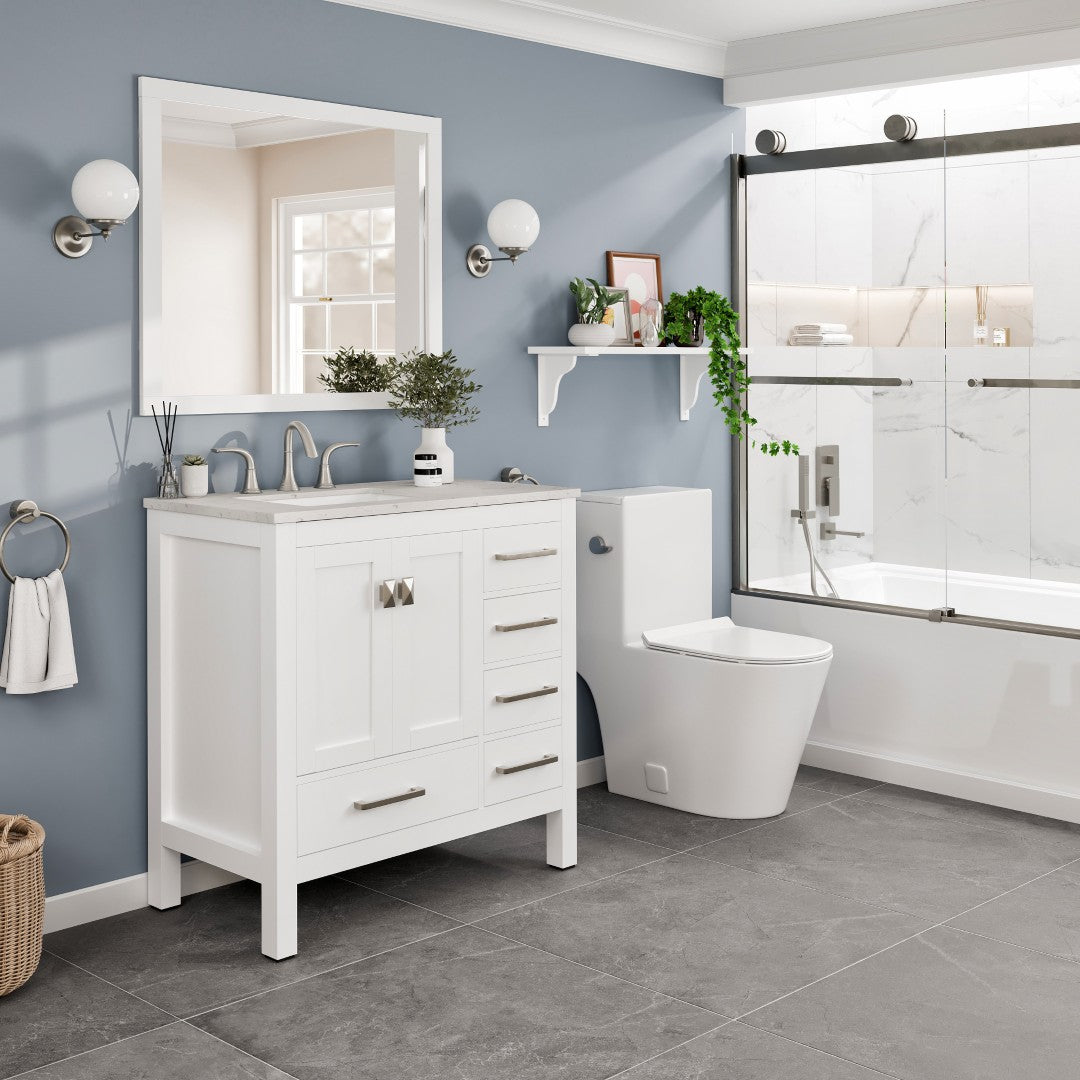Aberdeen 36 in. White Single Sink Bath Vanity with Carrara Quartz Top and Undermount Porcelain Sink