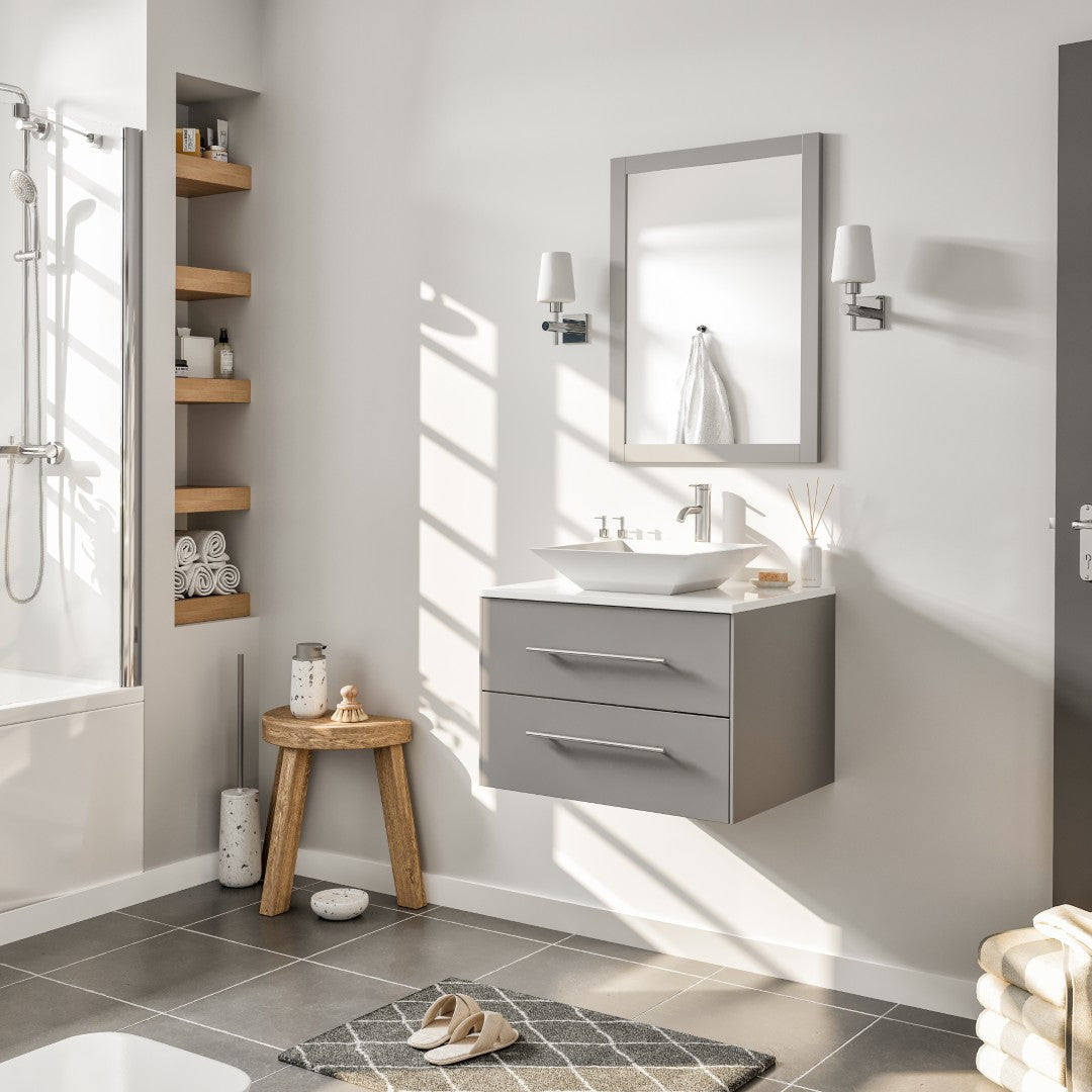 Wave 24 in. Gray Wall Mount Single Sink Bath Vanity with White Quartz Top and Vessel Porcelain Sink