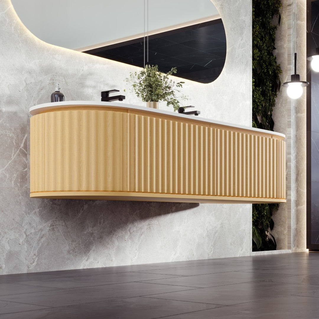 Haven 71 in. Natural Oak Wall Mount Double Sink  Bath Vanity with Solid Surface Top and Integrated Sinks