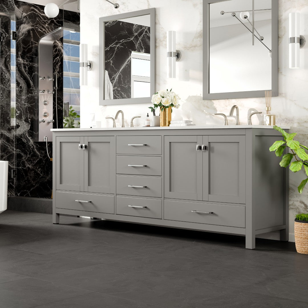 Aberdeen 84 in. Gray Double Sink  Bath Vanity with Carrara Quartz Top and Undermount Porcelain Sinks