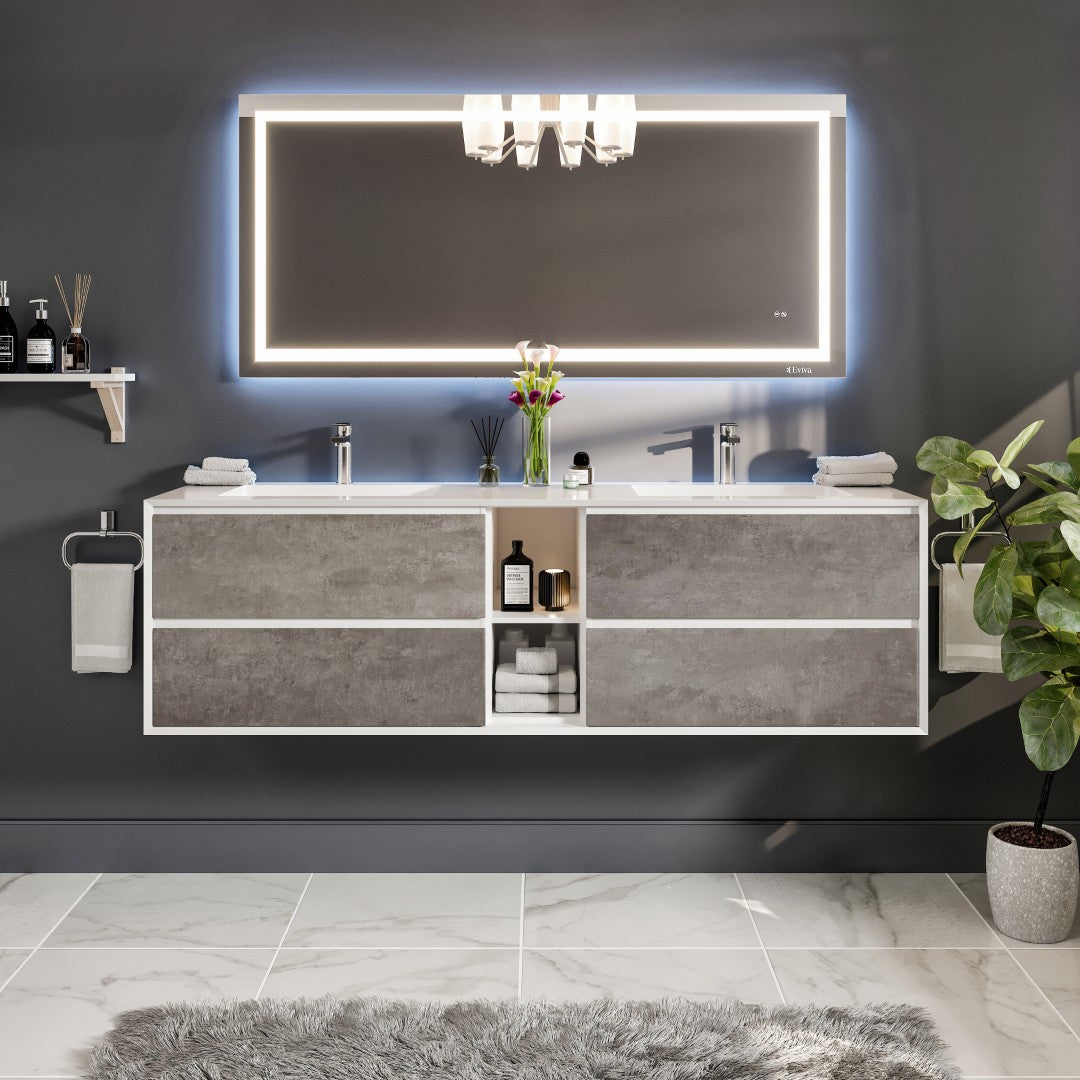 Vienna 75 in. Concrete Gray Wall Mount Double Sink  Bath Vanity with Acrylic Top and Integrated Sinks