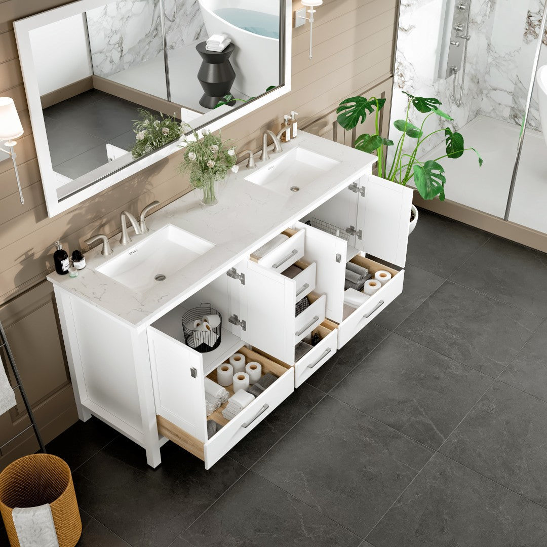 Aberdeen 72 in. White Double Sink  Bath Vanity with Carrara Quartz Top and Undermount Porcelain Sinks