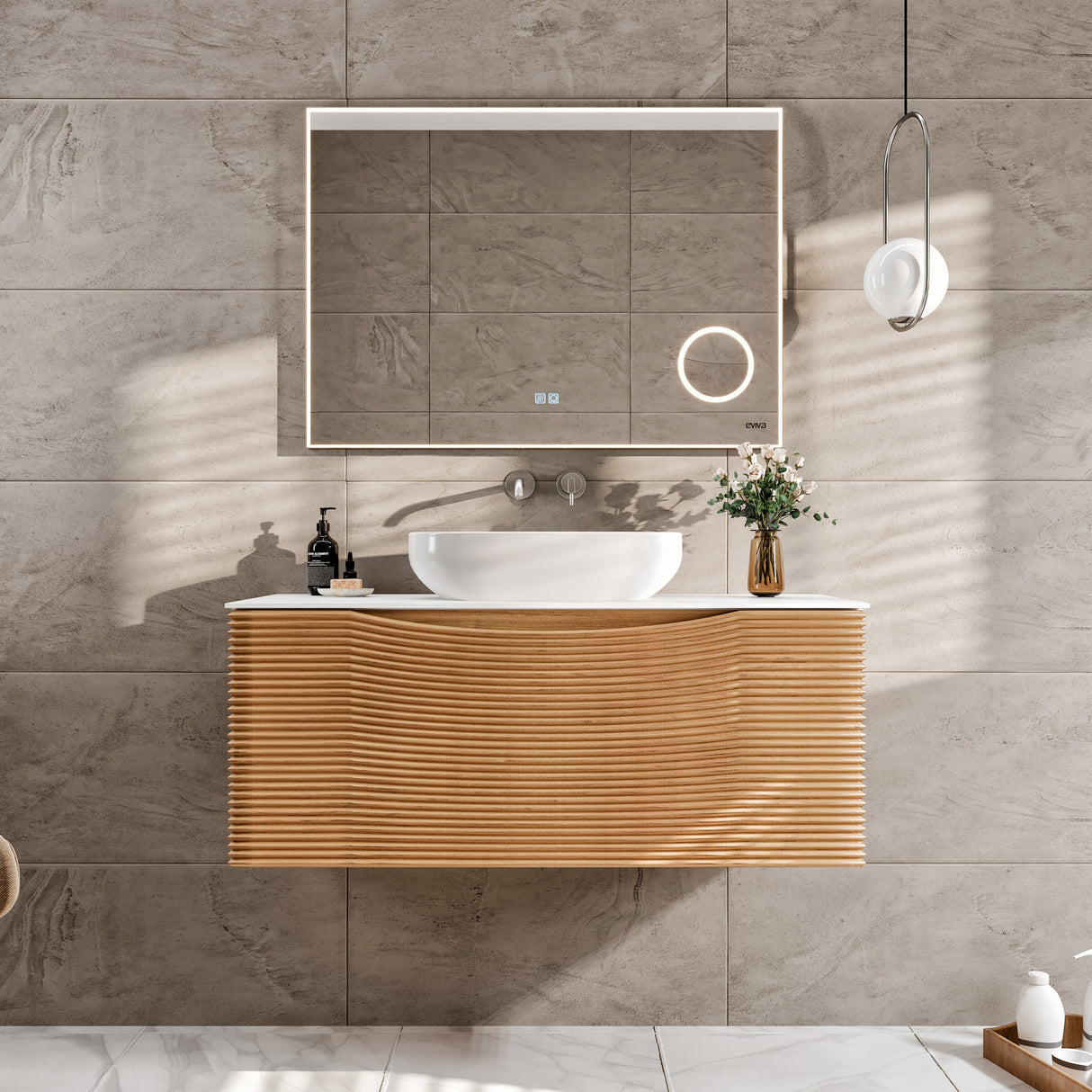 Leah 32 in. Medium Oak Wall Mount Single Sink Bath Vanity with Solid Surface Top and Vessel Solid Surface Sink