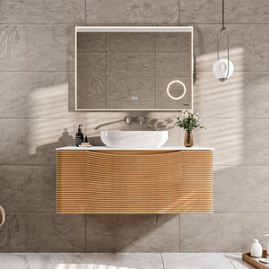 Leah 32 in. Medium Oak Wall Mount Single Sink Bath Vanity with Solid Surface Top and Vessel Solid Surface Sink