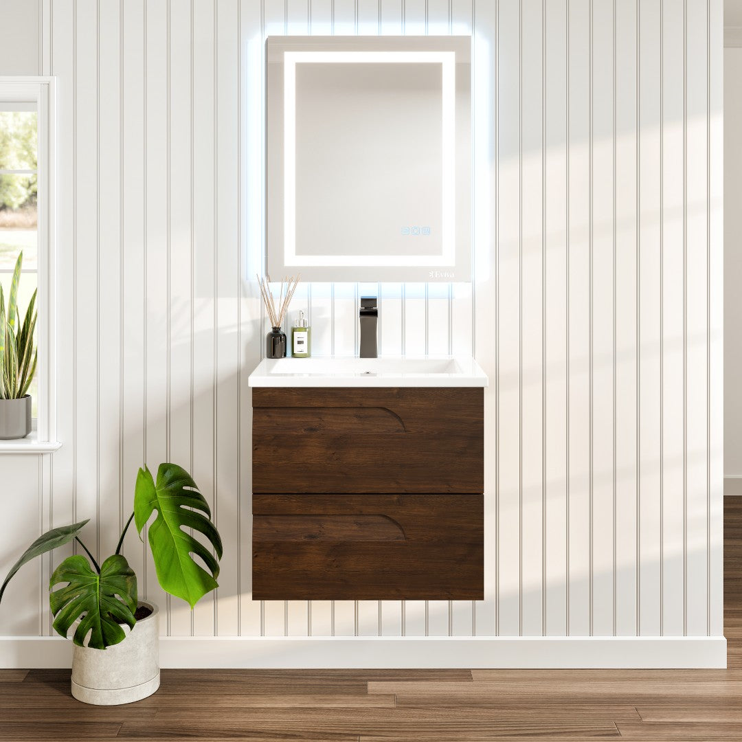 Joy 24 in. Rosewood Wall Mount Single Sink Bath Vanity with Porcelain Top and Integrated Sink