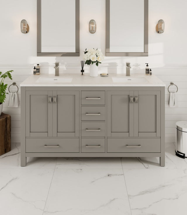 London 60 in. Gray Double Sink  Bath Vanity with Carrara Quartz Top and Undermount Porcelain Sinks