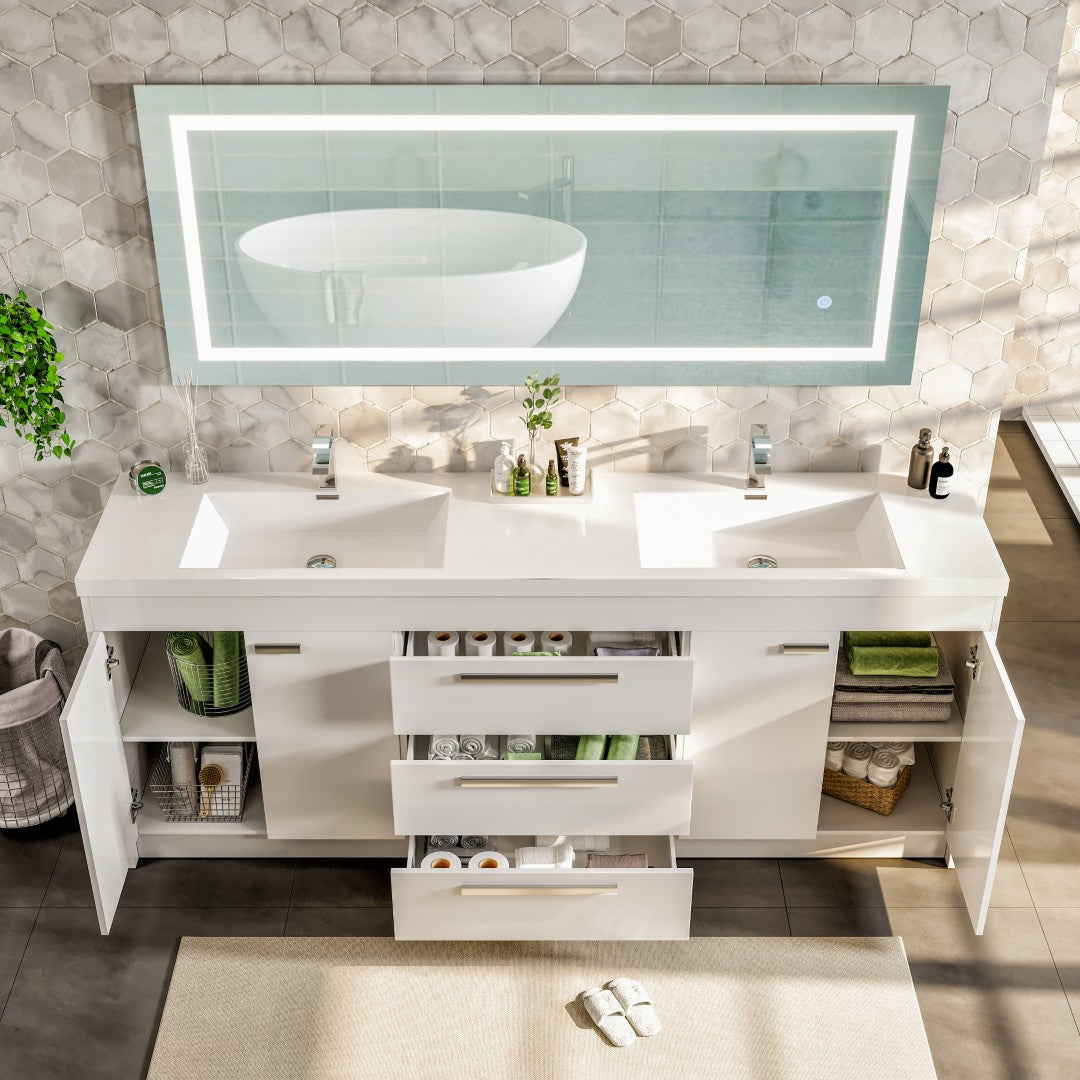 Lugano 84 in. White Double Sink  Bath Vanity with Acrylic Top and Integrated Sinks