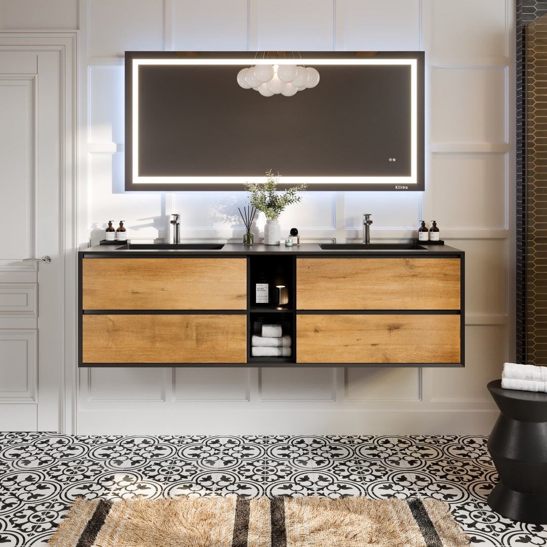 Vienna 75 in. Oak Wall Mount Double Sink  Bath Vanity with Acrylic Top and Integrated Sinks