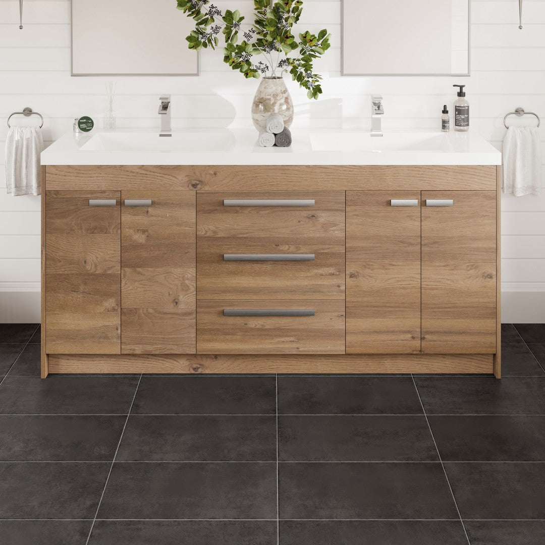 Lugano 72 in. Natural Oak Double Sink  Bath Vanity with Acrylic Top and Integrated Sinks