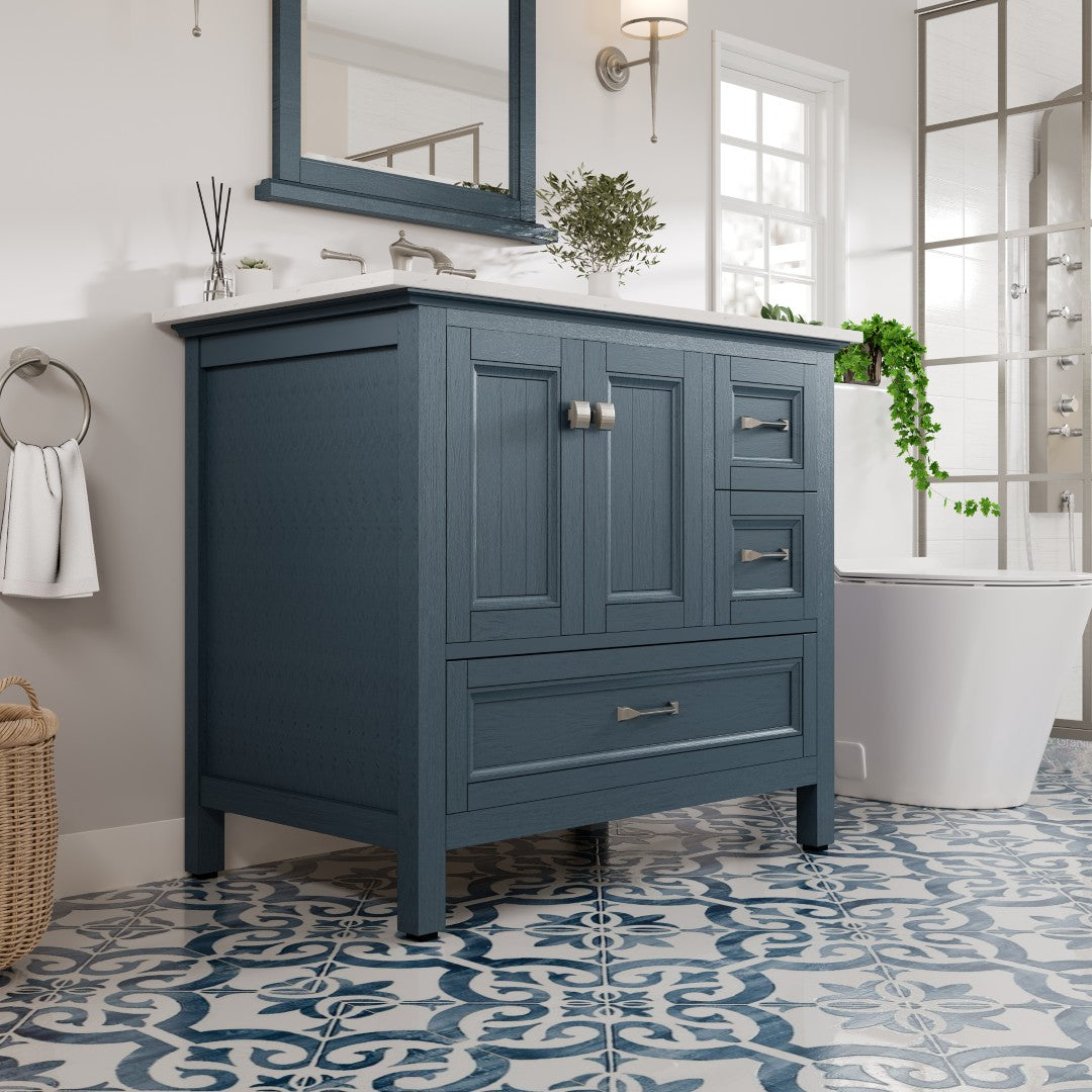 Britney 36 in. Ash Blue Single Sink Bath Vanity with Carrara Quartz Top and Undermount Porcelain Sink