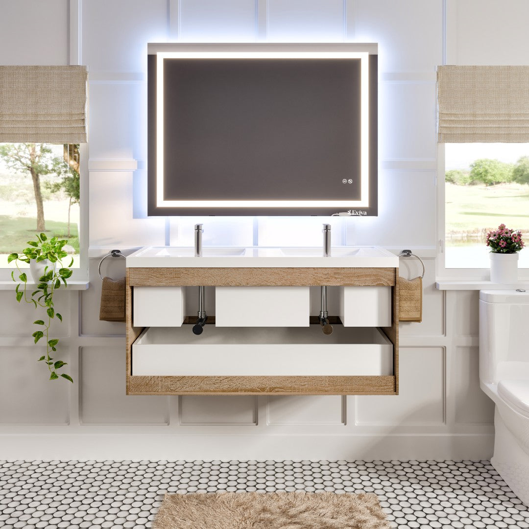 Smile 48 in. White Oak Wall Mount Double Sink  Bath Vanity with Acrylic Top and Integrated Sinks