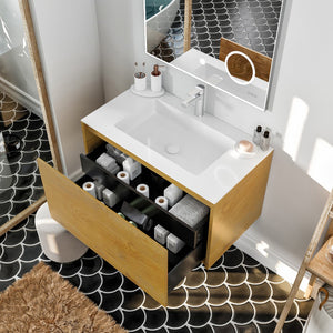 Madeira 36 in. Oak Wall Mount Single Sink Bath Vanity with Acrylic Top and Integrated Sink