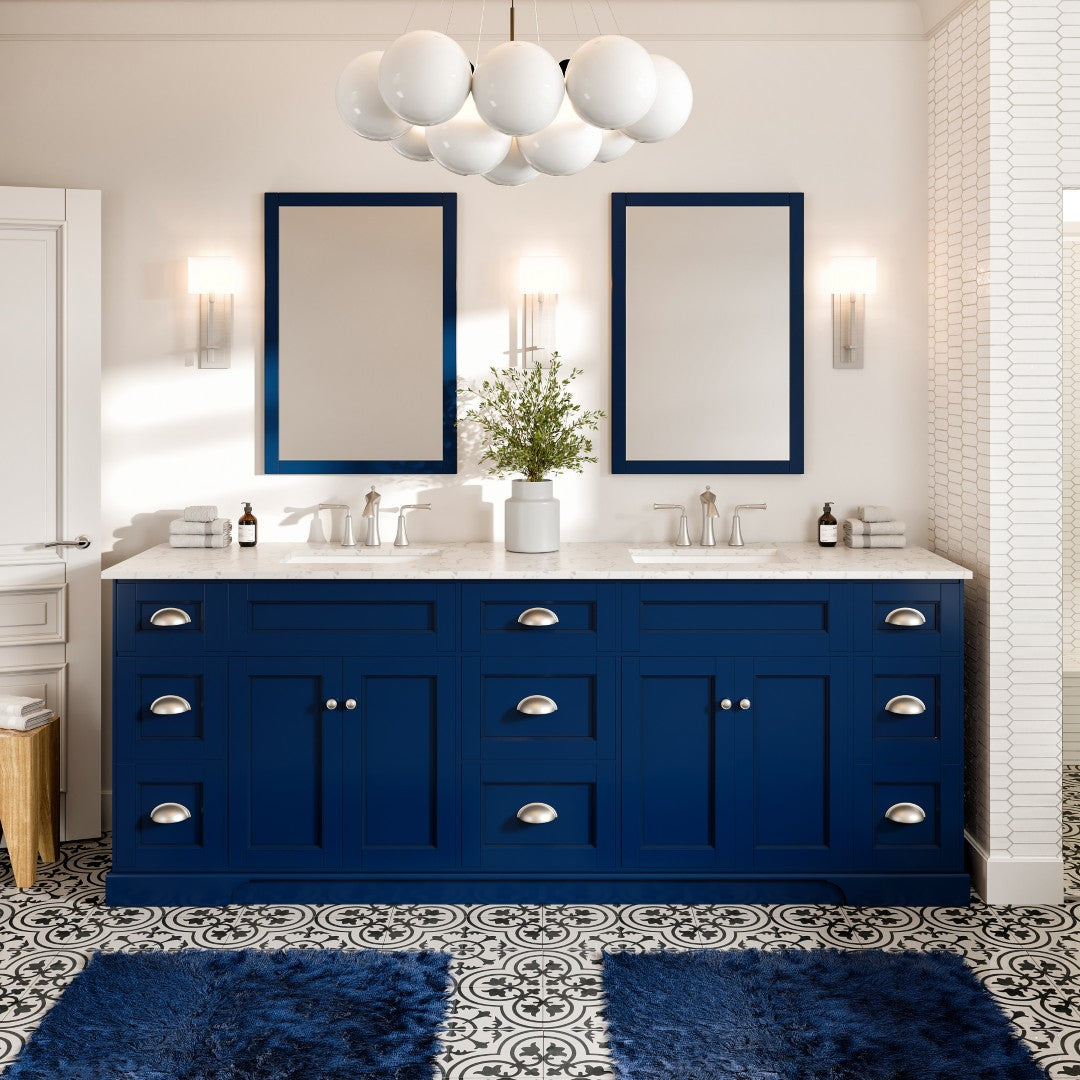 Epic 84 in. Blue Double Sink  Bath Vanity with Carrara Quartz Top and Undermount Porcelain Sinks