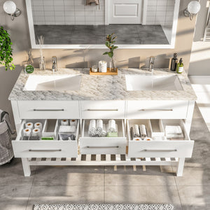 Natalie 60 in. White Double Sink  Bath Vanity with Carrara Marble Top and Undermount Porcelain Sinks