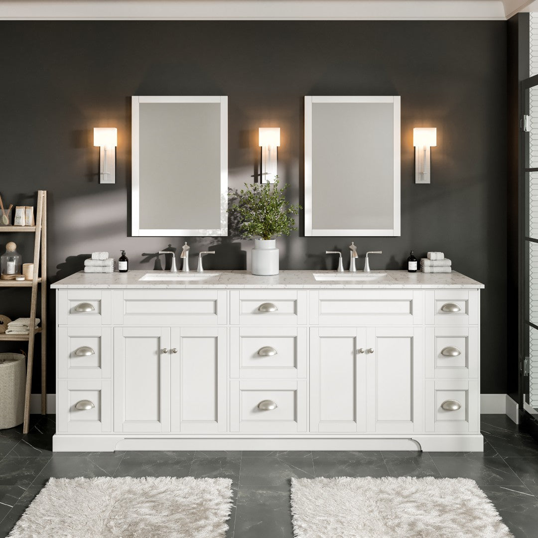 Epic 96 in. White Double Sink  Bath Vanity with Carrara Quartz Top and Undermount Porcelain Sinks