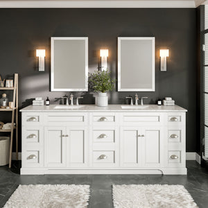 Epic 96 in. White Double Sink  Bath Vanity with Carrara Quartz Top and Undermount Porcelain Sinks