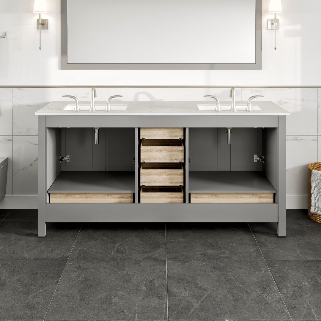 Aberdeen 72 in. Gray Double Sink  Bath Vanity with Carrara Quartz Top and Undermount Porcelain Sinks